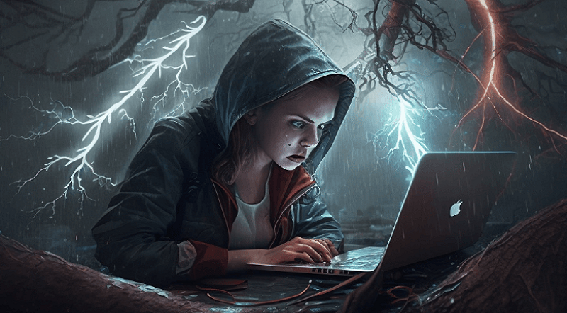 Girl focusing on laptop during lightning storm